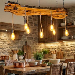 Lampa z drewna oliwnego z żywą krawędzią do wyspy kuchennej, rustykalny, unikatowy uchwyt PC do stołu jadalnego, lampa sufitowa w stylu rustykalnym do roślin zdjęcie 2