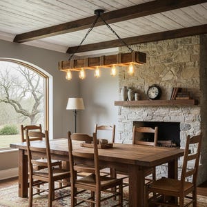 Wooden Beam Rustic Lighting Fixture For Dining Table and Kitchen Island, Farmhouse Chandelier For Dining Room, Bar, Billiard, Pool Room