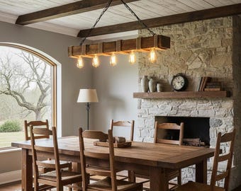 Wooden Beam Rustic Lighting Fixture For Dining Table and Kitchen Island, Farmhouse Chandelier For Dining Room, Bar, Billiard, Pool Room