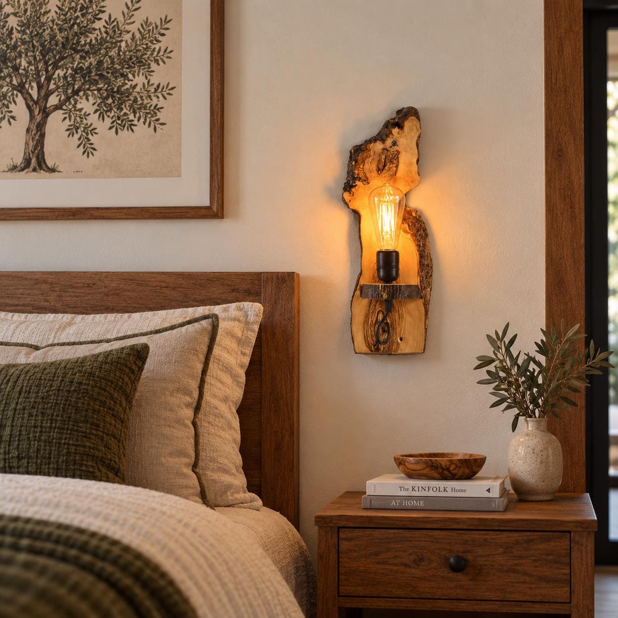 Olive Wood Wall Sconce, Live Edge Wooden Wall Lamp for Bedroom and