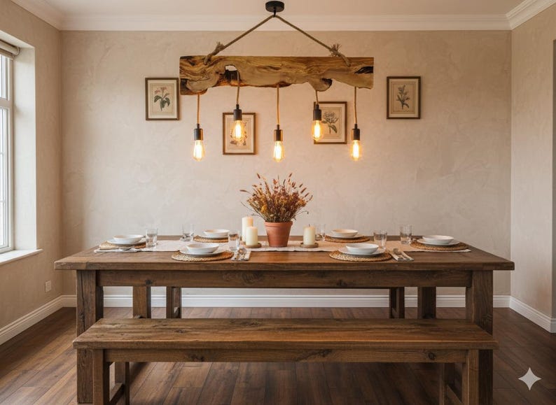 May include: A rustic dining room setup featuring a large wooden table and bench. Above, a unique light fixture made from a wooden beam hangs with Edison-style bulbs. The room is decorated with framed art and a centerpiece.