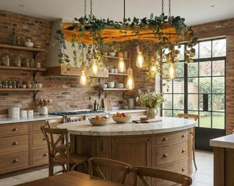 Live Edge Olive Wood Chandelier for Kitchen Island | Rustic Farmhouse Ceiling Light | Unique Natural Wood Dining Table Fixture