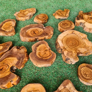 Pu&ograve; includere: Una collezione di sottobicchieri in legno di forma irregolare con motivi naturali di venature. I sottobicchieri variano per dimensioni e forma, mostrando le caratteristiche uniche del legno. La tavolozza dei colori comprende tonalit&agrave; di marrone e beige.