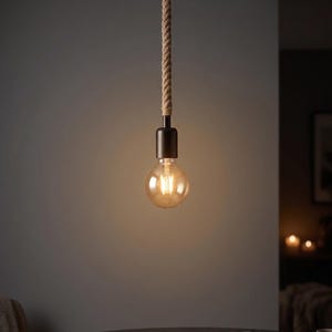 Può includere: Una lampada a sospensione da soffitto con rosone circolare nero, un cavo in corda spessa color marrone naturale e un portalampada cilindrico nero che sostiene una lampadina rotonda in vetro trasparente in stile Edison.