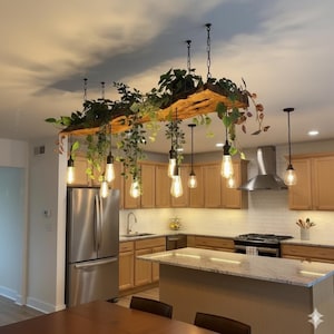 Olive Wood Pendant Light Fixture For Kitchen Island , Rustic Unique Pendant Ceiling Light For Dining Table, Farmhouse Chandelier For Plant image 2