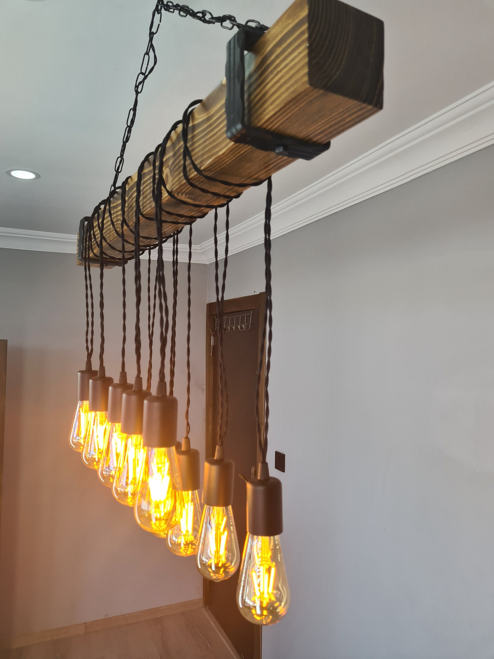 Rustic Wooden Dining Room Light Fixture, Wood Beam Farmhouse Chandelier