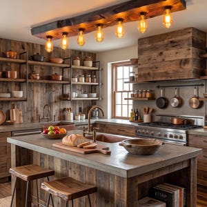 May include: Rustic kitchen with wooden cabinets, shelves, and island. The island has a concrete countertop and wooden stools. A wooden beam with six Edison-style light bulbs hangs above the island. The kitchen features a copper sink and a stainless steel stove.