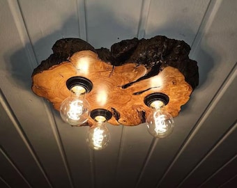 Live Edge Olive Wood Slab Pendant Chandelier, Rustic Lighting