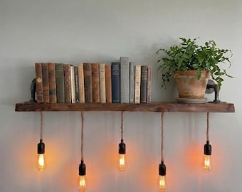 Live Edge Wooden Bookshelf with Rustic Lighting, Farmhouse Steampunk Wall Shelf, Unique Gift For Him/Her