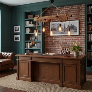 May include: A classic home office with a large wooden desk, leather chair, and bookshelves. The room features a brick accent wall, a jute rug, and a unique light fixture with Edison bulbs. The color scheme is a mix of brown, green, and neutral tones.