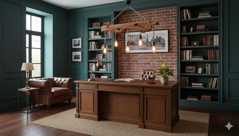 May include: A classic home office with a large wooden desk, leather chair, and bookshelves. The room features a brick accent wall, a jute rug, and a unique light fixture with Edison bulbs. The color scheme is a mix of brown, green, and neutral tones.