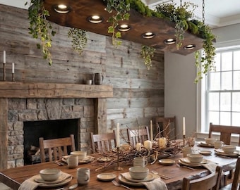 Live Edge Wooden Rustic LED Light Fixture For Kitchen Island, Farmhouse Spot LED Chandelier For Dining Room