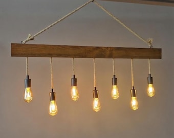 Rustic Wooden Beam Pendant Light Fixture For Kitchen Island, Farmhouse Chandelier For Dining Room