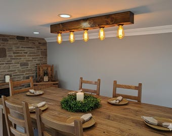 Flush Mount Wooden Beam Chandelier, Rustic Farmhouse Ceiling Light for Dining Room & Kitchen Island