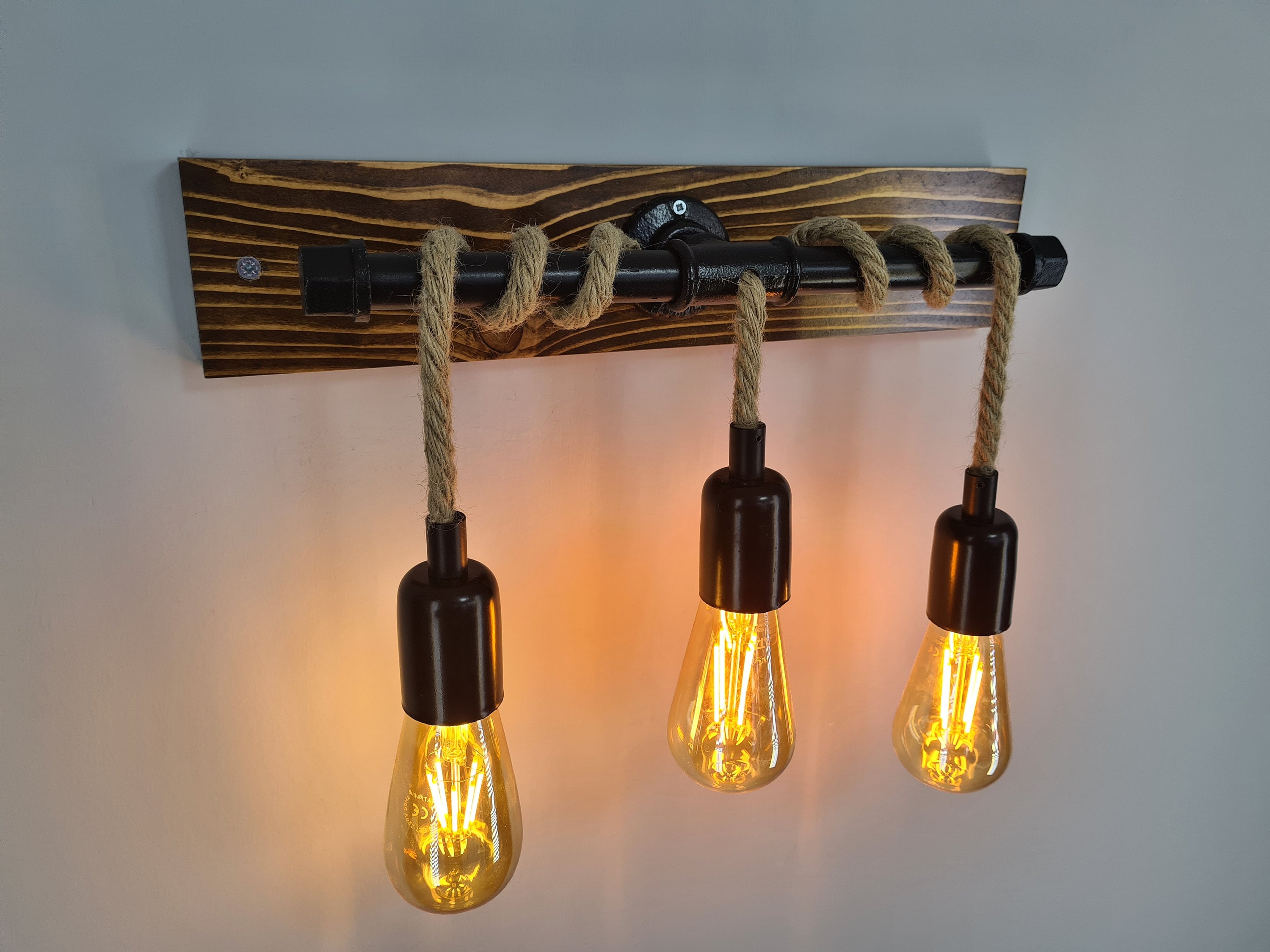 Rustic Wooden 3 Bulbs Bathroom Vanity Lighting, Industrial Wall Sconce ...