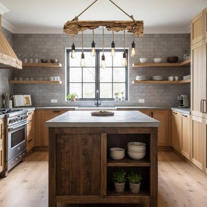 May include: A rustic kitchen with wooden cabinets, a central island, and a gray brick backsplash. A unique light fixture made from a wooden beam hangs above the island. The island features a concrete countertop and open shelving.