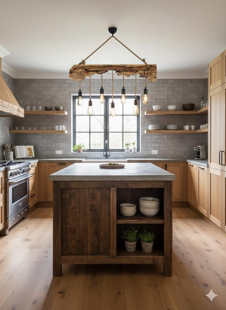 May include: A rustic kitchen with wooden cabinets, a central island, and a gray brick backsplash. A unique light fixture made from a wooden beam hangs above the island. The island features a concrete countertop and open shelving.