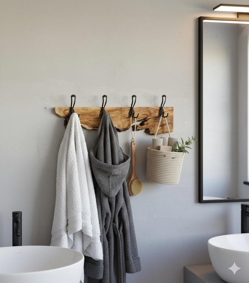 May include: A rustic wooden wall-mounted rack with black metal hooks, holding a white towel, a gray hooded robe, and a wooden brush. A woven basket with toiletries and greenery hangs nearby, with a large mirror in the background.