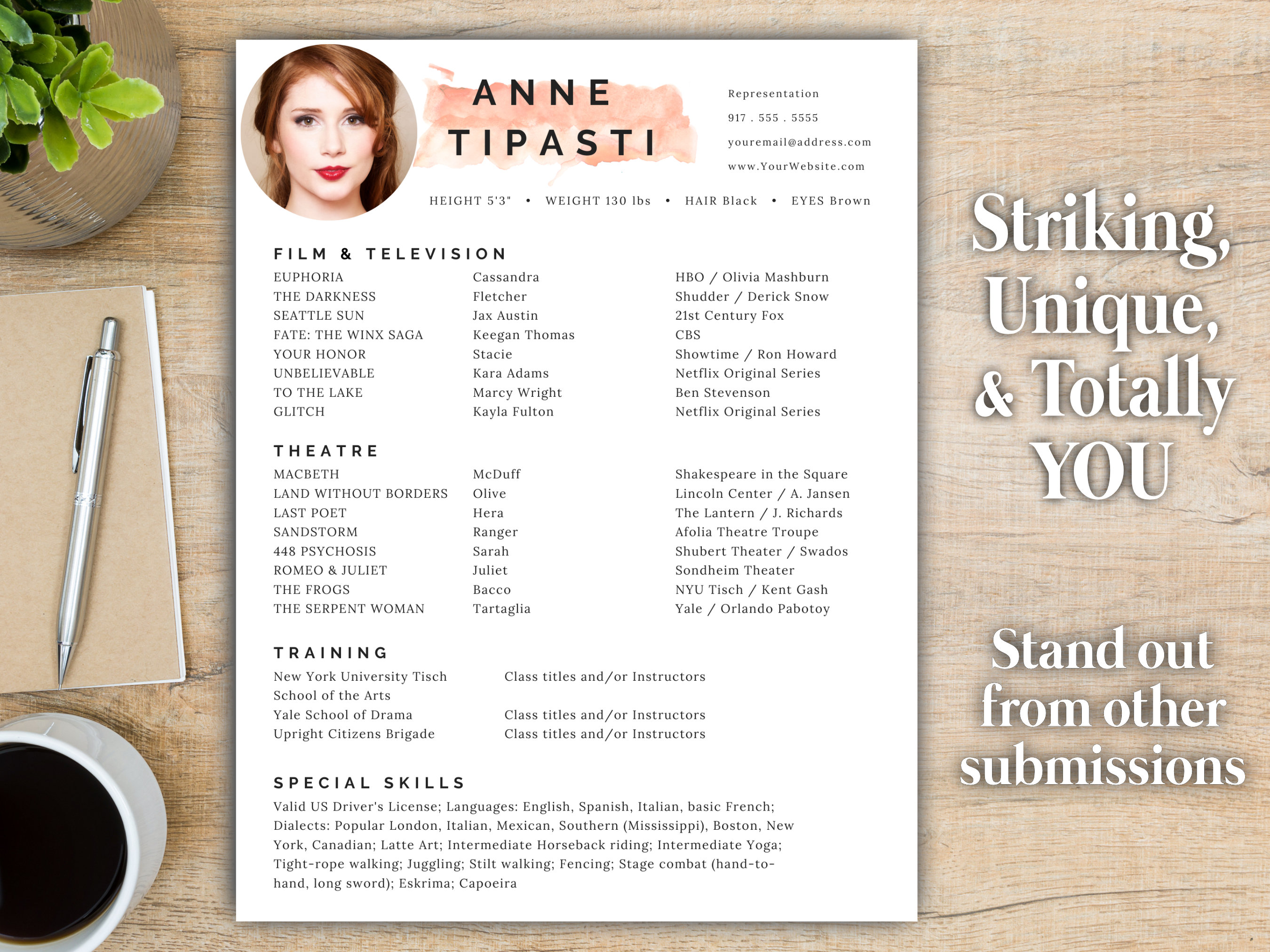 Actor Resume Template / 8 X 10 Acting Resume / Instant Digital Download ...