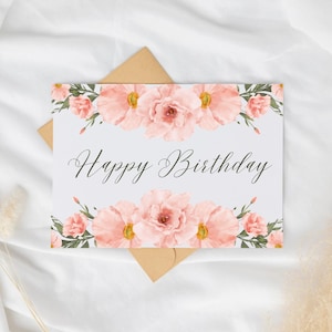 Floral Blush Happy Birthday Card Printable Digital Download Elegant Floral Greeting Card Instant Download with Envelope for Mom for Her