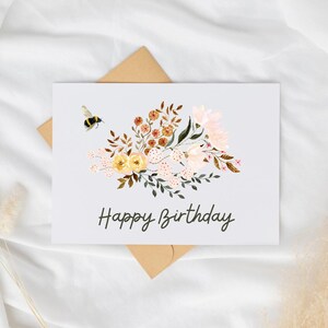 Boho Blumen Biene alles Gute zum Geburtstag Karte Orange rosa braun Aquarell Geburtstag druckbare illustrierte Digital Download Grußkarte mit Umschlag