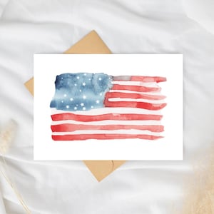 Cartão de felicitações com bandeira americana patriótica, estrelas e listras, honra de voo, aniversário de 4 de julho, vermelho, branco, azul, para impressão, download digital com envelope