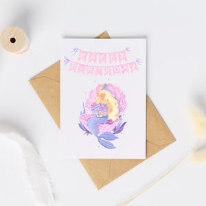 Cartão de aniversário de princesa sereia para impressão com envelope, concha, rosa e roxo para download digital para meninas, filha, sobrinha, neta