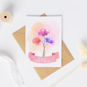 Cartão de feliz aniversário pastel Poppy, aquarela floral para impressão, download digital para ela, mãe, namorada, amiga rosa laranja roxo boho faça você mesmo
