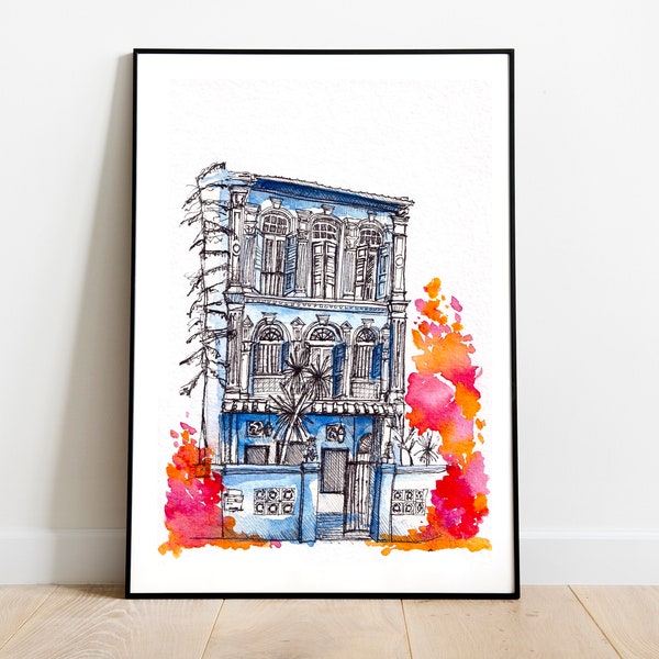 Singapore shophouse sketch watercolour drawing