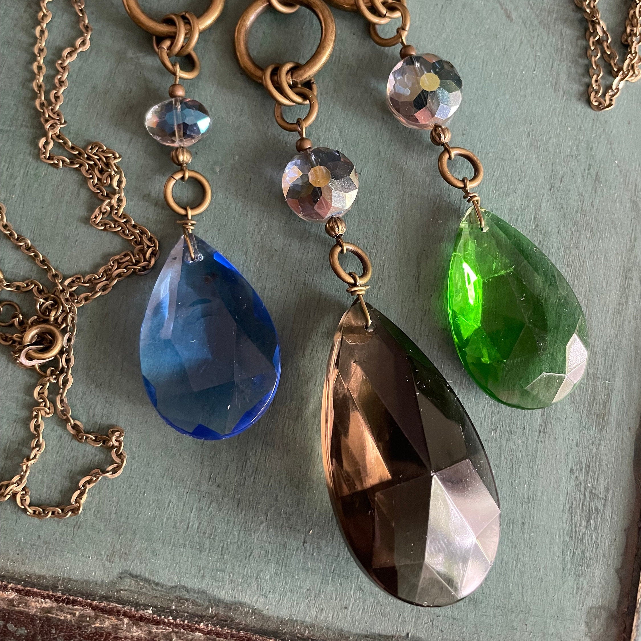 Vintage Chandelier Crystal Pendant Necklace, Antique Jewelry, Colored