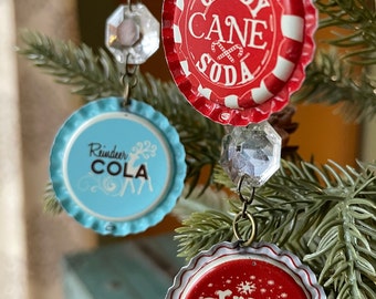 Vintage holiday soda bottle cap ornaments, cola, snowman, candy cane, reindeer, holiday decor, repurposed antiques, upcycled
