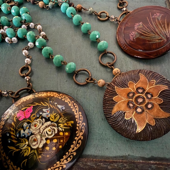 Vintage Brooch Necklace, wooden brooch, repurposed, upcycled, vintage jewelry, 1950s, 1960s, 1970, Mothers day, valentines day, hand painted