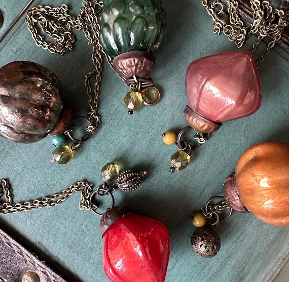 Vintage Glass Ornament Necklace, Ornate Metal, Repurposed