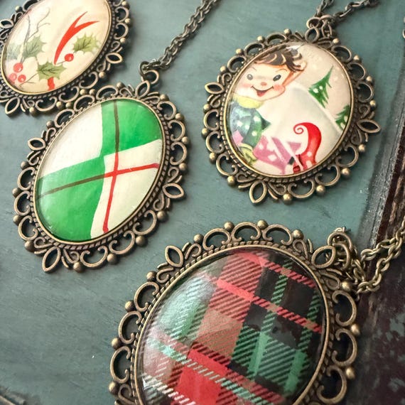 Vintage Christmas Card Necklace, ornate metal, repurposed, upcycled, jewelry, retro, holiday cards, 1950, pixie elf, elves