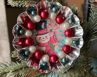 Vintage Mini Tart Tin ornament, Christmas ornament, holiday decor, ornament exchange, repurposed antiques, upcycled