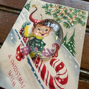 Vintage Christmas Card Necklace, ornate metal, repurposed, upcycled, jewelry, retro, holiday cards, 1950, pixie elf, elves image 4