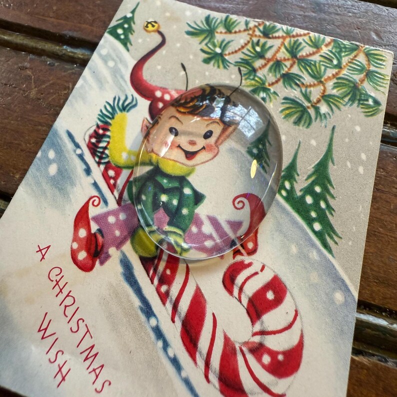 Vintage Christmas Card Necklace, ornate metal, repurposed, upcycled, jewelry, retro, holiday cards, 1950, pixie elf, elves image 4