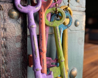 Rainbow sherbet skeleton key necklace, antique jewelry, vintage, keys, repurposed antiques, upcycled jewelry, upcycled antiques