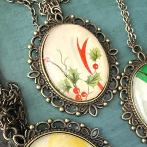 Vintage Christmas Card Necklace, ornate metal, repurposed, upcycled, jewelry, retro, holiday cards, 1950, pixie elf, elves image 3