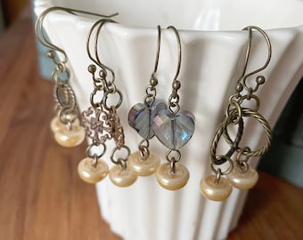 1940s Vintage Pearlized Button earrings, Antique jewelry, sewing, gift idea, upcycled jewelry, repurposed antiques