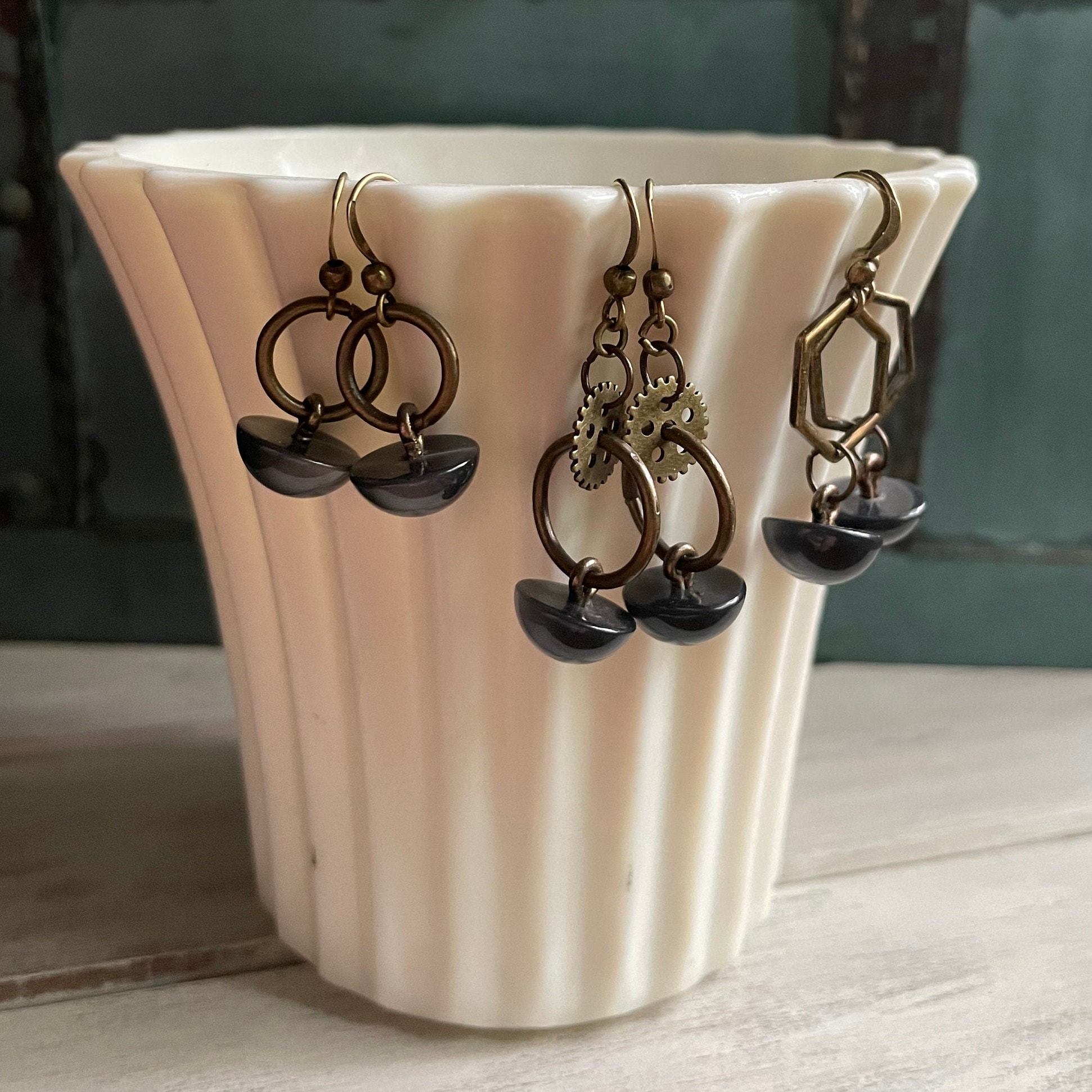 Vintage grey dome button earrings, Charcoal grey, gray, pearlized, dangle earrings, antique jewelry, repurposed antiques, upcycled jewelry