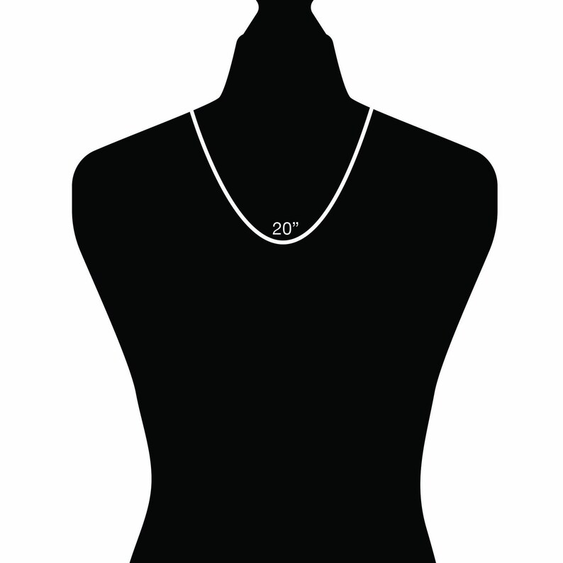 May include: A white necklace on a black mannequin. The necklace is 20 inches long.