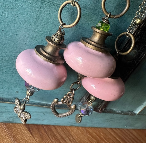 Vintage ceramic knob necklace, pink drawer pull, antique jewelry, repurposed antiques, upcycled antiques, upcycled jewelry