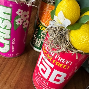 Vintage Beverage Tin, Pop Can, Soda Can, Crush, Tab, Canada Dry, soda pop, repurposed antiques, upcycled