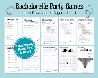 May include: A collection of printable bachelorette party games. The games include "Never Have I Ever," "Who Knows the Bride Best," and "Bachelorette Bingo." The text "Download, Print, Cut & PLAY" is in a blue circle. The games are designed for instant download.