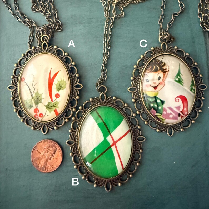 Vintage Christmas Card Necklace, ornate metal, repurposed, upcycled, jewelry, retro, holiday cards, 1950, pixie elf, elves image 6