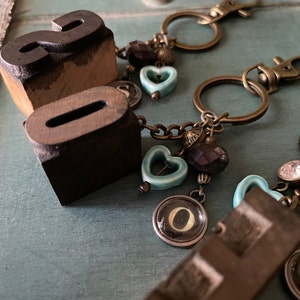 Vintage letterpress wood type, key chain, key fob, bag dangle, repurposed antiques, upcycled