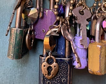 Vintage Mini Lock and Key necklace, valentine, antique jewelry, repurposed antiques, upcycled jewelry, upcycled antiques