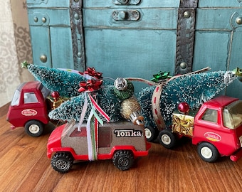 1970s Vintage Red Tonka Truck with Christmas Tree, Holiday Decor, Vintage red truck, toy truck,ntonka toy, repurposed antiques, upcycled toy