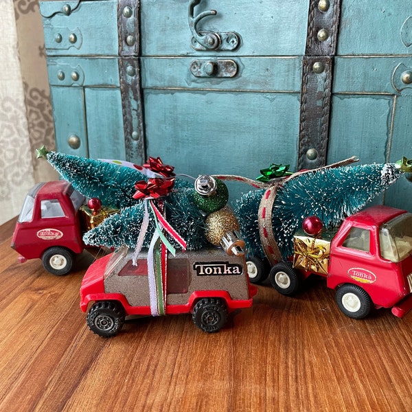 1970s Vintage Red Tonka Truck with Christmas Tree, Holiday Decor, Vintage red truck, toy truck,ntonka toy, repurposed antiques, upcycled toy